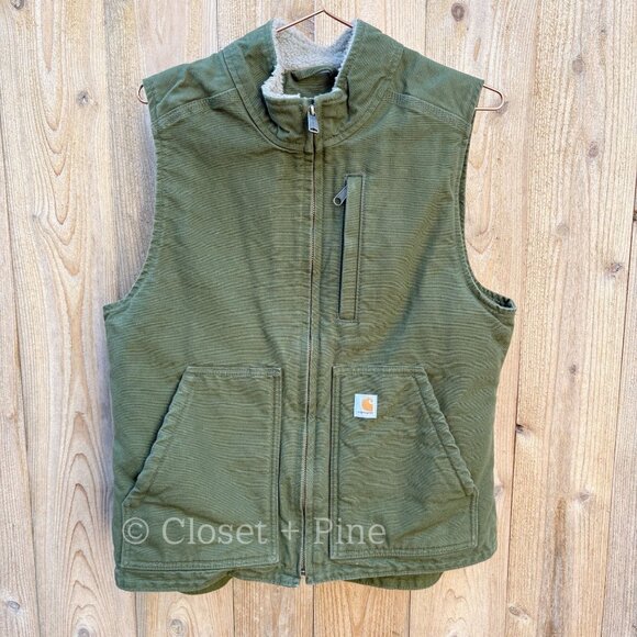 Carhartt Sandstone Washed Duck Sherpa Lined Vest Size Medium Green - Picture 3 of 17